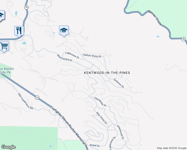 map of restaurants, bars, coffee shops, grocery stores, and more near 3027 Lakeview Drive in Julian