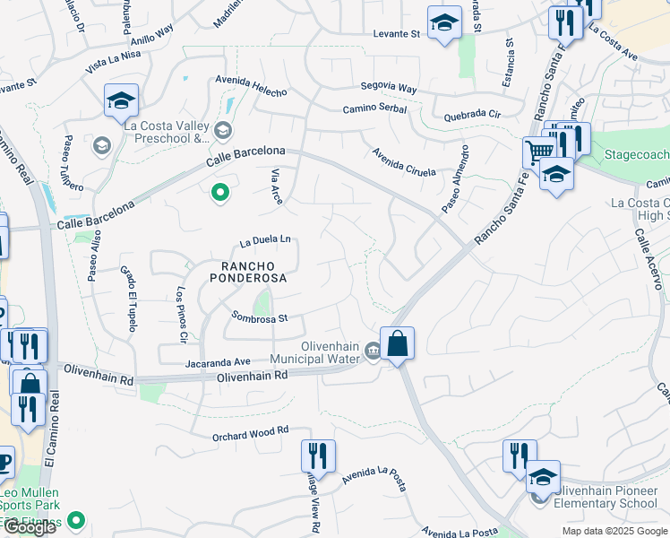 map of restaurants, bars, coffee shops, grocery stores, and more near 2933 Via Emerado in Carlsbad