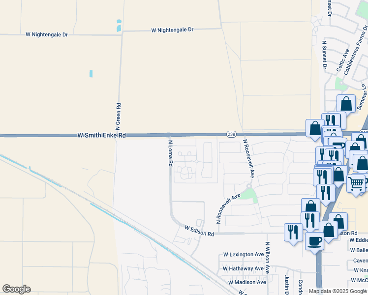 map of restaurants, bars, coffee shops, grocery stores, and more near 45760 West Village Parkway in Maricopa