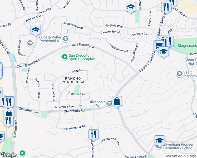 map of restaurants, bars, coffee shops, grocery stores, and more near 2933 Via Emerado in Carlsbad