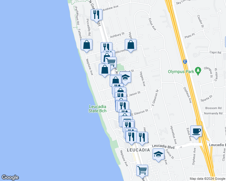 map of restaurants, bars, coffee shops, grocery stores, and more near 1405 Coop Street in Encinitas