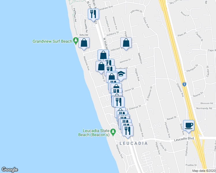 map of restaurants, bars, coffee shops, grocery stores, and more near 1405 Coop Street in Encinitas