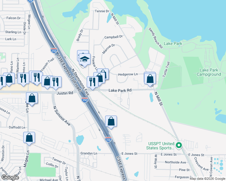 map of restaurants, bars, coffee shops, grocery stores, and more near 359 Lake Park Road in Lewisville