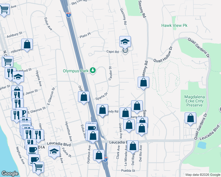 map of restaurants, bars, coffee shops, grocery stores, and more near 735 Caudor Street in Encinitas