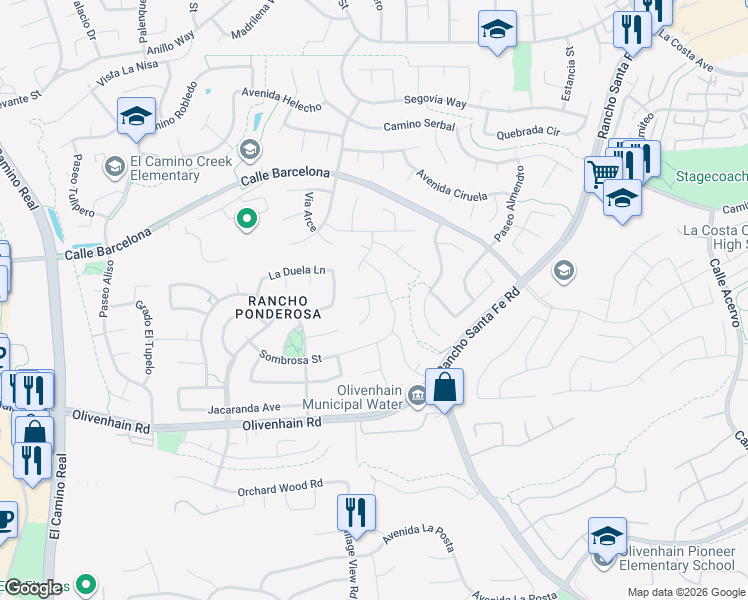 map of restaurants, bars, coffee shops, grocery stores, and more near 2935 Via Emerado in Carlsbad