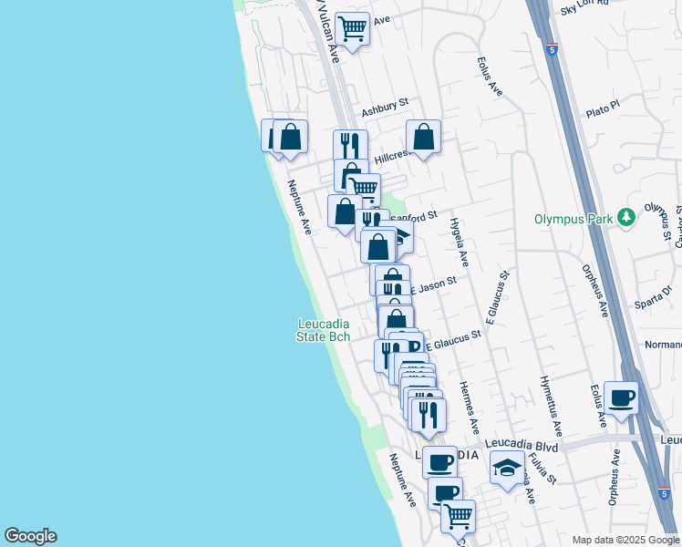 map of restaurants, bars, coffee shops, grocery stores, and more near 168 Jupiter Street in Encinitas