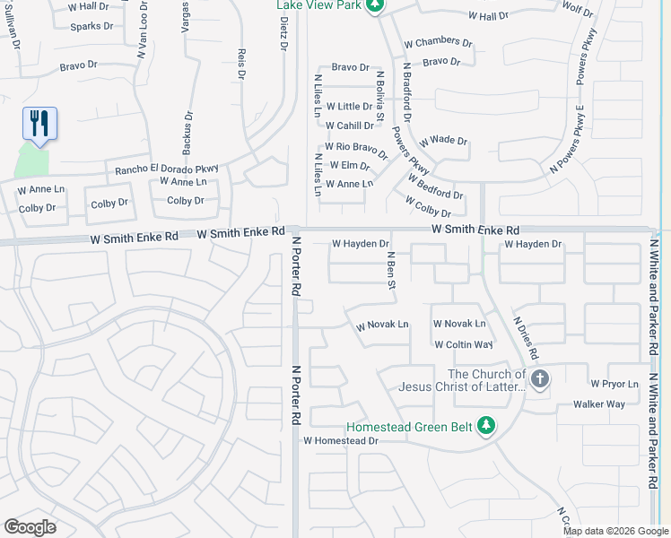 map of restaurants, bars, coffee shops, grocery stores, and more near 41313 West Thornberry Lane in Maricopa