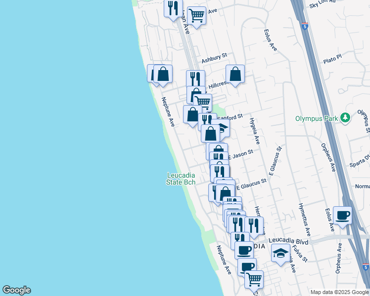 map of restaurants, bars, coffee shops, grocery stores, and more near 1403 Neptune Avenue in Encinitas