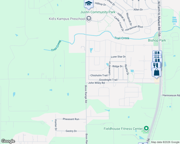 map of restaurants, bars, coffee shops, grocery stores, and more near 459 Chisholm Trail in Justin