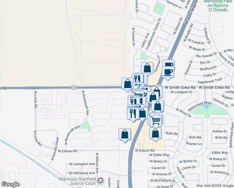 map of restaurants, bars, coffee shops, grocery stores, and more near 44868 Paraiso Lane in Maricopa