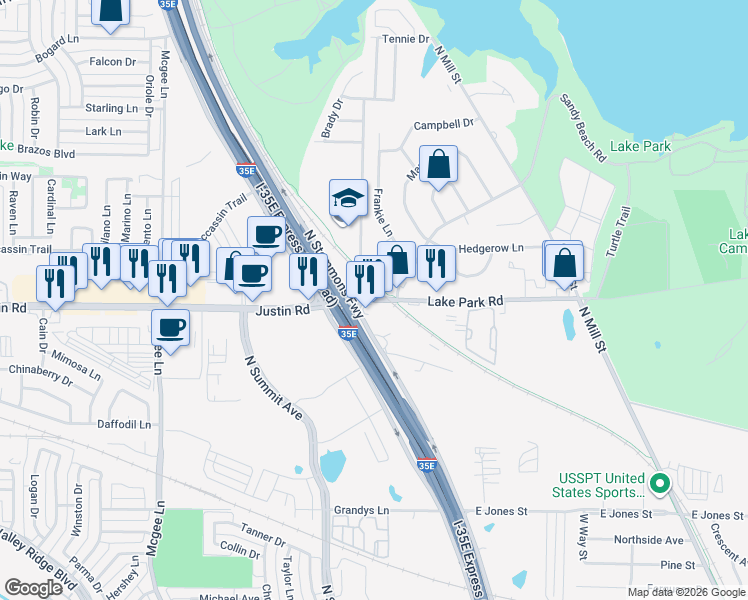 map of restaurants, bars, coffee shops, grocery stores, and more near 390 Lake Park Road in Lewisville