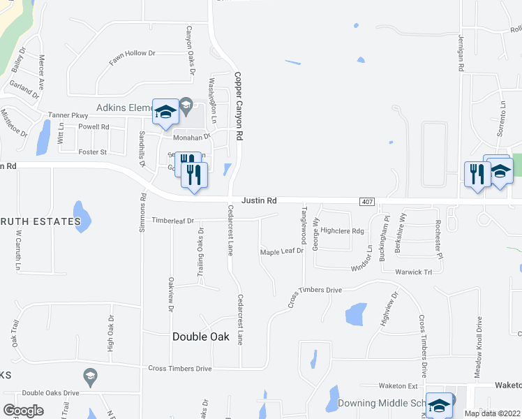 map of restaurants, bars, coffee shops, grocery stores, and more near 150 Timberleaf Court in Lewisville