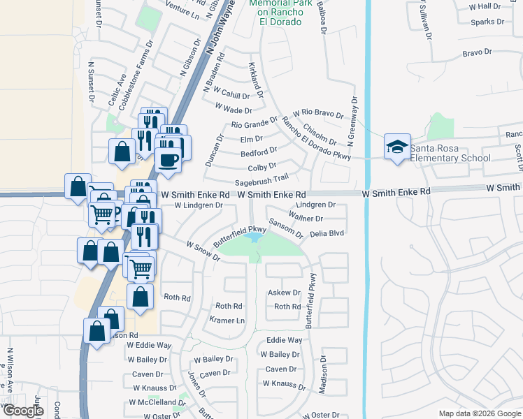 map of restaurants, bars, coffee shops, grocery stores, and more near 43606 Wallner Drive in Maricopa