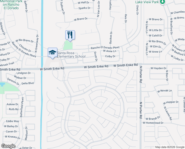 map of restaurants, bars, coffee shops, grocery stores, and more near 42259 West Sequoia Drive in Maricopa