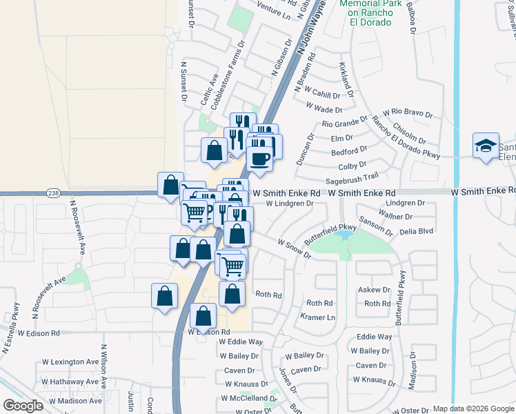 map of restaurants, bars, coffee shops, grocery stores, and more near 44229 West Lindgren Drive in Maricopa