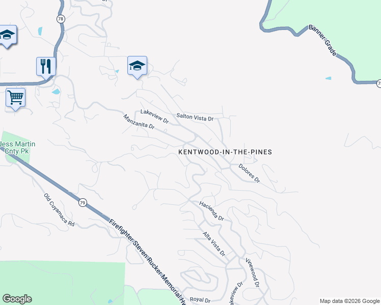 map of restaurants, bars, coffee shops, grocery stores, and more near 3027 Lakeview Drive in Julian