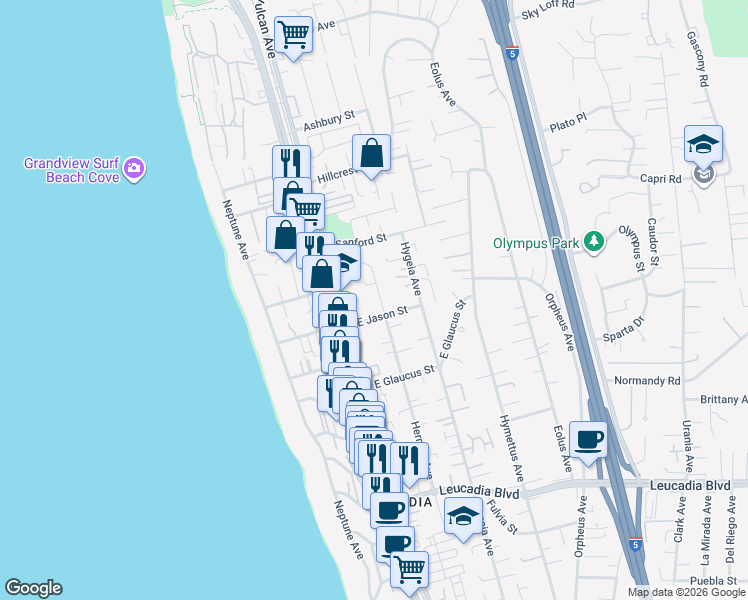 map of restaurants, bars, coffee shops, grocery stores, and more near 1354 Hermes Avenue in Encinitas