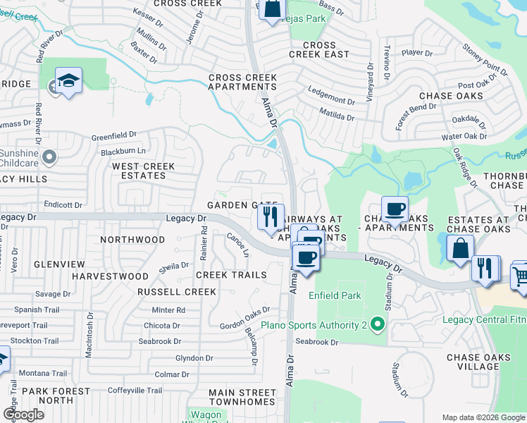 map of restaurants, bars, coffee shops, grocery stores, and more near 929 Cypress Creek Drive in Plano