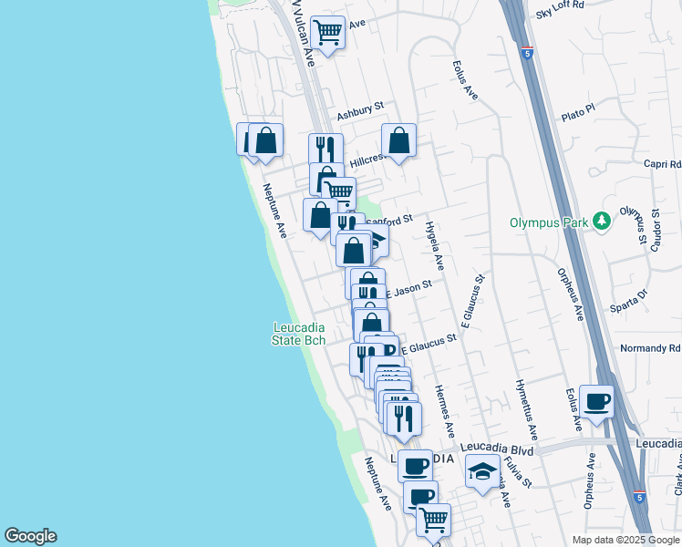 map of restaurants, bars, coffee shops, grocery stores, and more near 129 Jupiter Street in Encinitas