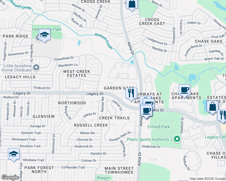 map of restaurants, bars, coffee shops, grocery stores, and more near 1201 Legacy Drive in Plano