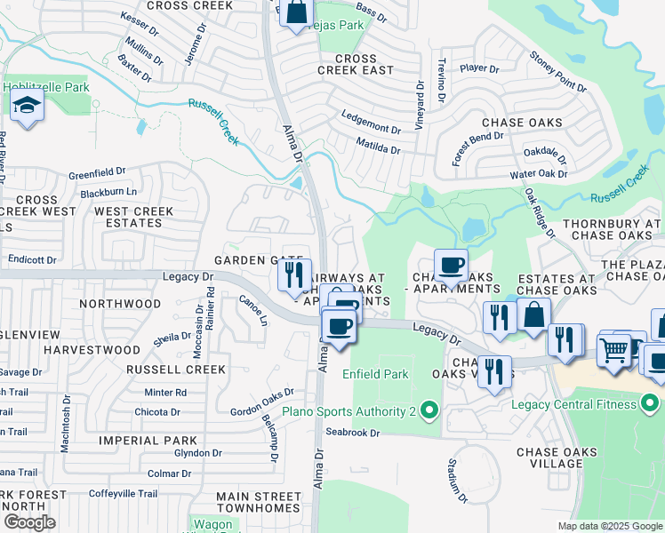 map of restaurants, bars, coffee shops, grocery stores, and more near 801 Legacy Drive in Plano