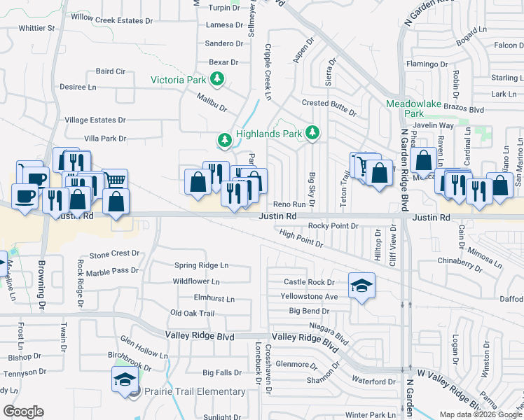 map of restaurants, bars, coffee shops, grocery stores, and more near 1628 Reno Run in Lewisville