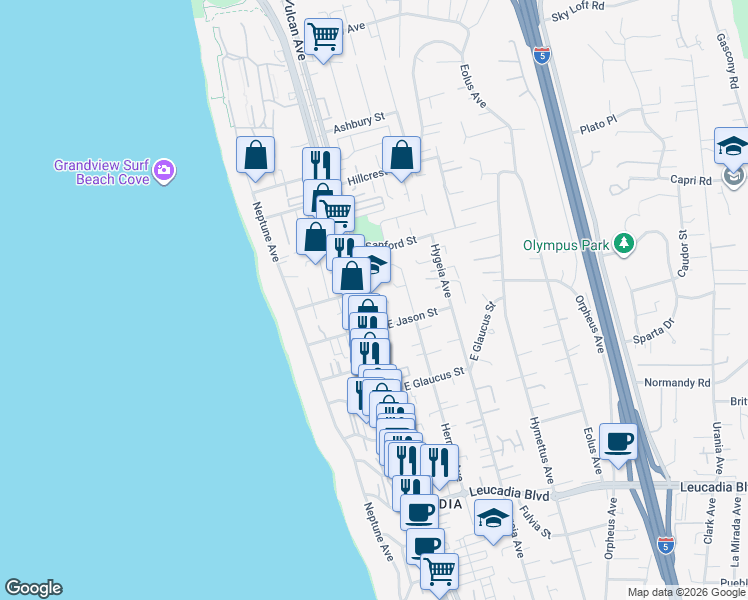 map of restaurants, bars, coffee shops, grocery stores, and more near 1373 North Vulcan Avenue in Encinitas