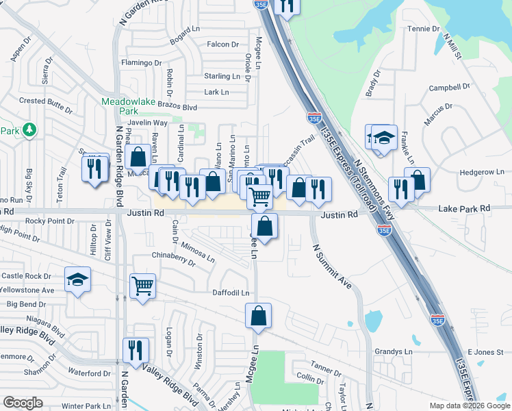 map of restaurants, bars, coffee shops, grocery stores, and more near 2004 Mcgee Lane in Lewisville