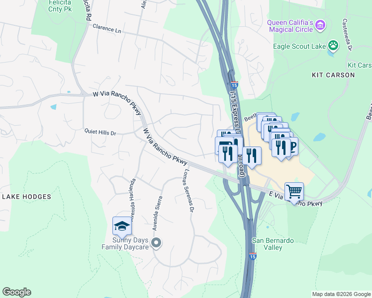 map of restaurants, bars, coffee shops, grocery stores, and more near 3282 Avenida Magoria in Escondido