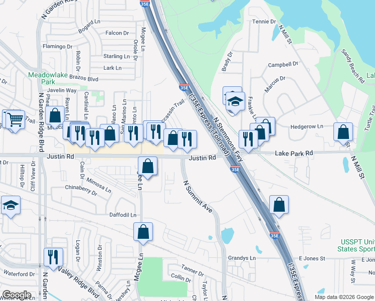 map of restaurants, bars, coffee shops, grocery stores, and more near 1201 Farm to Market Road 407 in Lewisville