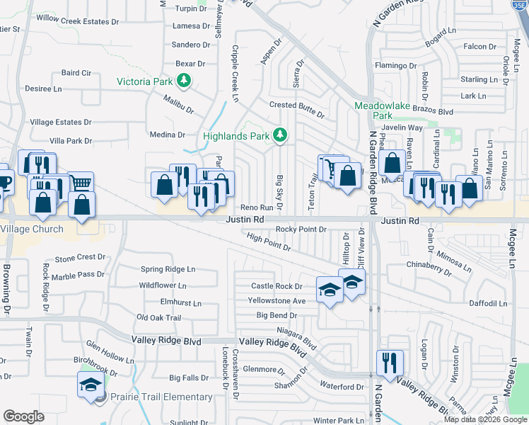map of restaurants, bars, coffee shops, grocery stores, and more near 1616 Reno Run in Lewisville