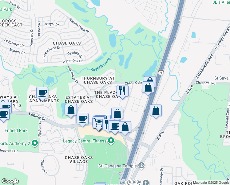 map of restaurants, bars, coffee shops, grocery stores, and more near 7112 Chase Oaks Boulevard in Plano
