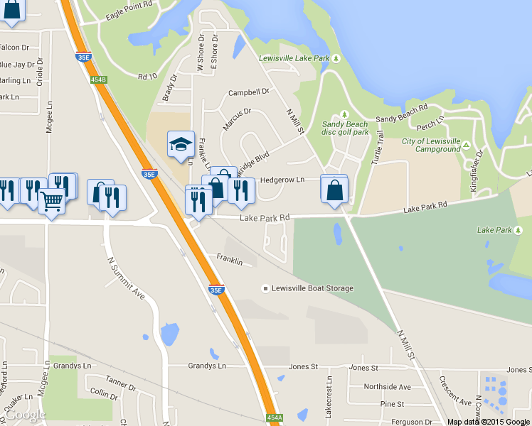 map of restaurants, bars, coffee shops, grocery stores, and more near 233 Lake Park Rd in Lewisville