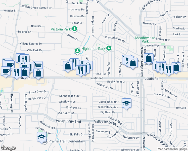 map of restaurants, bars, coffee shops, grocery stores, and more near 1628 Reno Run in Lewisville