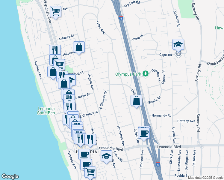 map of restaurants, bars, coffee shops, grocery stores, and more near 1306 Hymettus Avenue in Encinitas