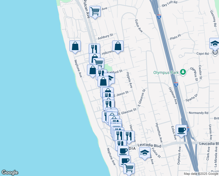 map of restaurants, bars, coffee shops, grocery stores, and more near 1377 North Vulcan Avenue in Encinitas