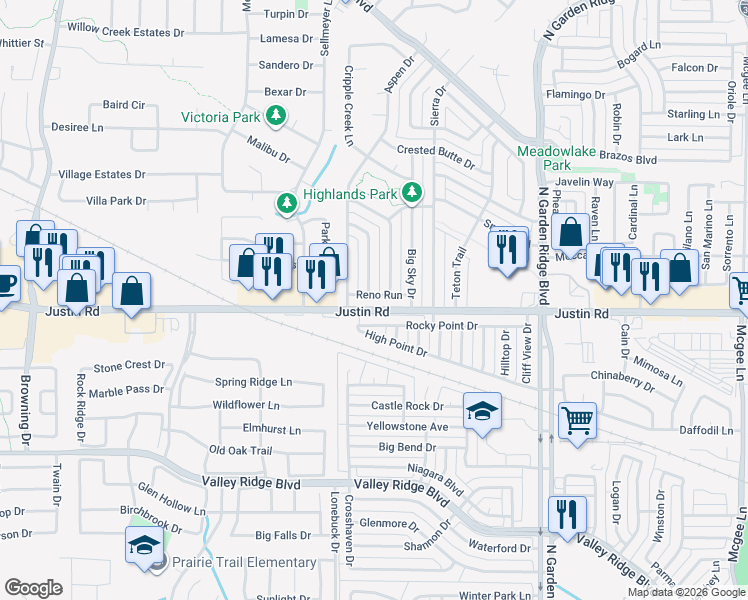 map of restaurants, bars, coffee shops, grocery stores, and more near 1620 Reno Run in Lewisville