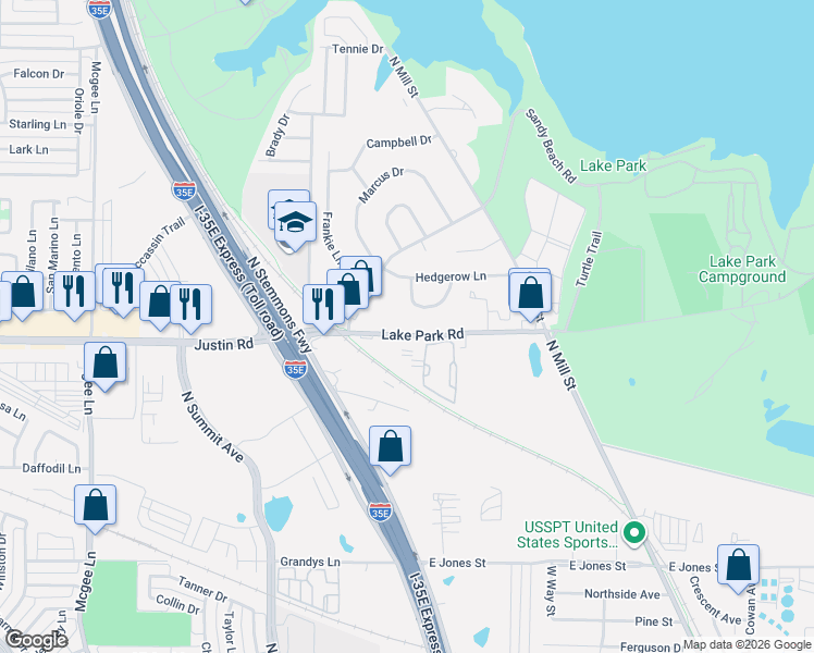 map of restaurants, bars, coffee shops, grocery stores, and more near 233 Lake Park Road in Lewisville