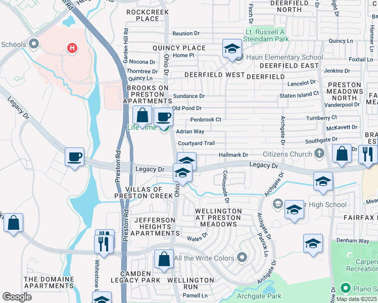 map of restaurants, bars, coffee shops, grocery stores, and more near 4665 Hallmark Drive in Plano
