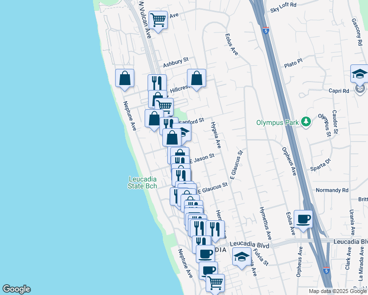 map of restaurants, bars, coffee shops, grocery stores, and more near 1379 North Vulcan Avenue in Encinitas