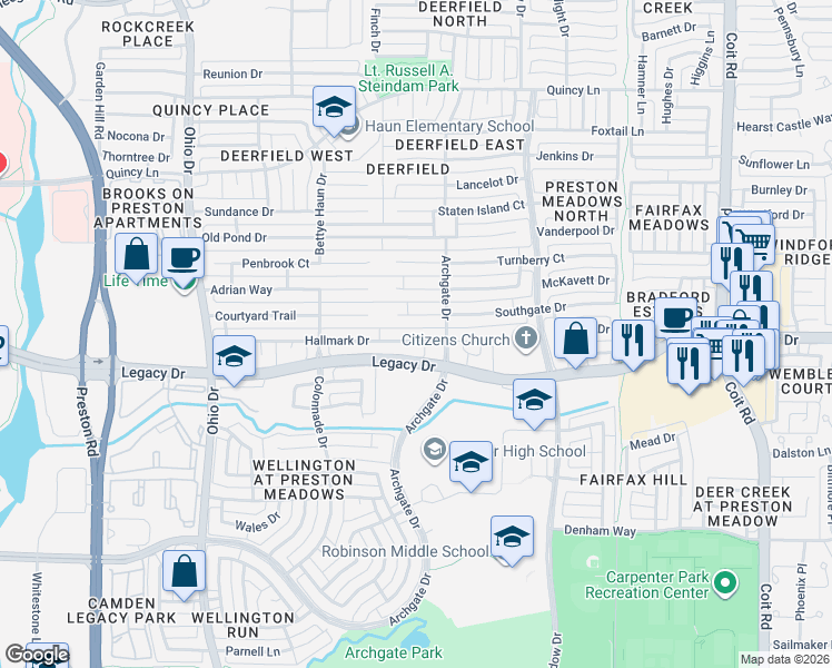 map of restaurants, bars, coffee shops, grocery stores, and more near 4565 Hallmark Drive in Plano