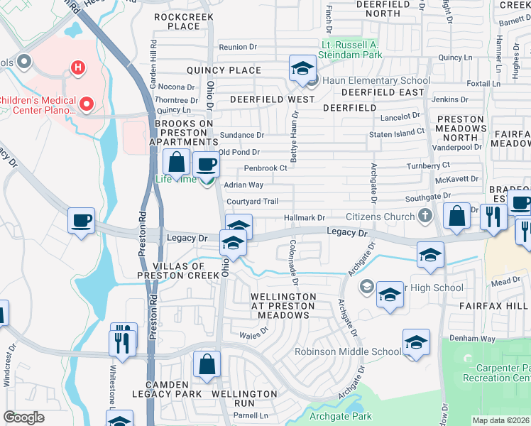map of restaurants, bars, coffee shops, grocery stores, and more near 4637 Hallmark Drive in Plano
