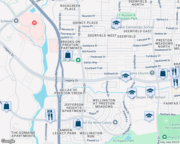 map of restaurants, bars, coffee shops, grocery stores, and more near 4665 Hallmark Drive in Plano