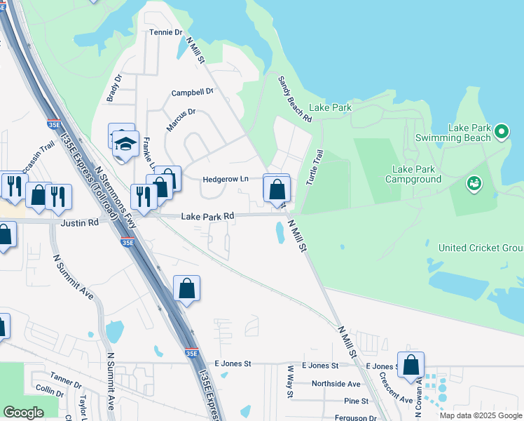 map of restaurants, bars, coffee shops, grocery stores, and more near 34 Lake Park Road in Lewisville