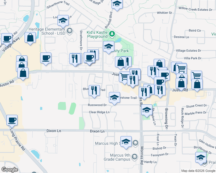 map of restaurants, bars, coffee shops, grocery stores, and more near 6304 Prairie Hill Lane in Flower Mound