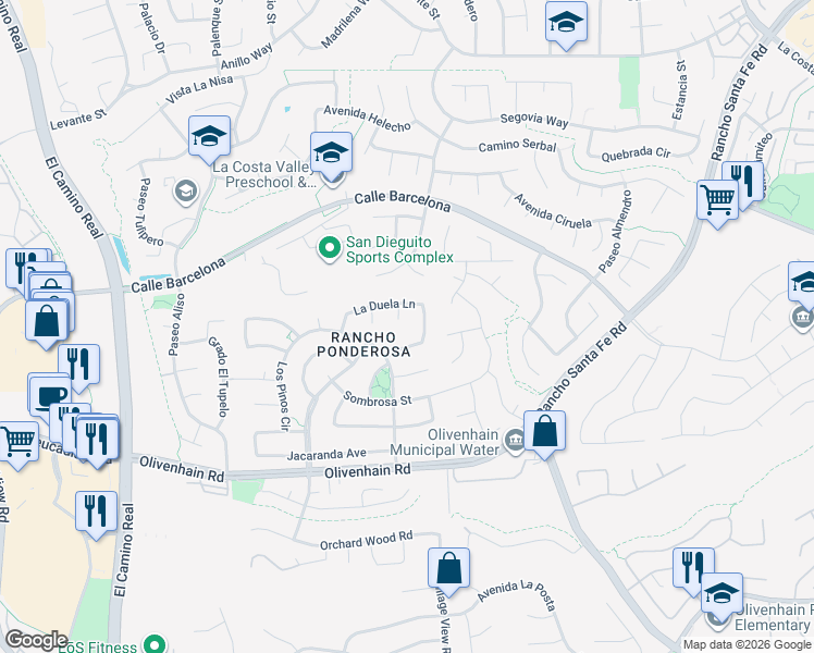 map of restaurants, bars, coffee shops, grocery stores, and more near 7923 La Capela Lane in Carlsbad
