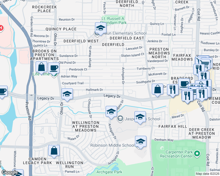 map of restaurants, bars, coffee shops, grocery stores, and more near 4565 Hallmark Drive in Plano