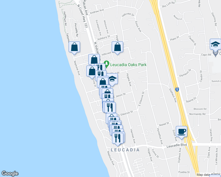 map of restaurants, bars, coffee shops, grocery stores, and more near 1379 North Vulcan Avenue in Encinitas