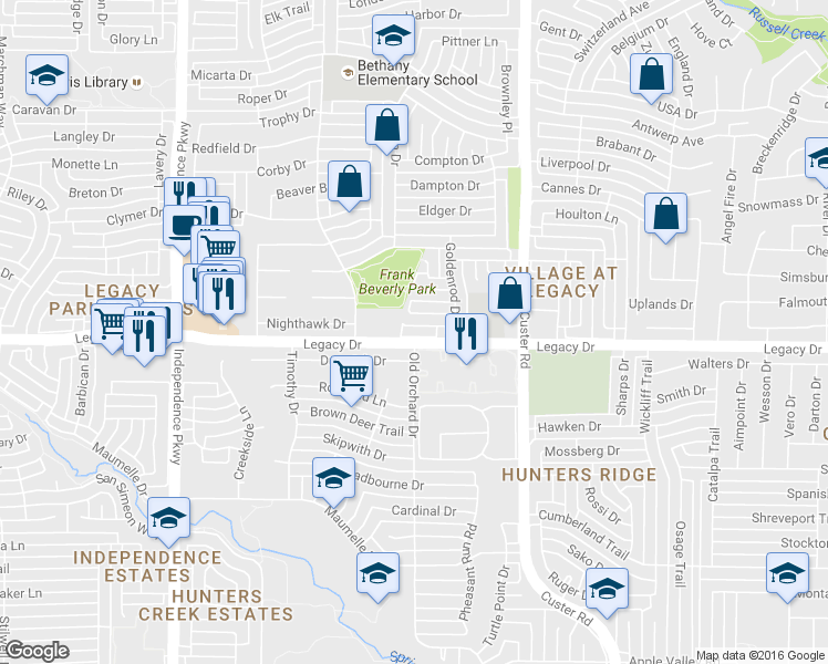 map of restaurants, bars, coffee shops, grocery stores, and more near 2332 Terping Pl in Plano