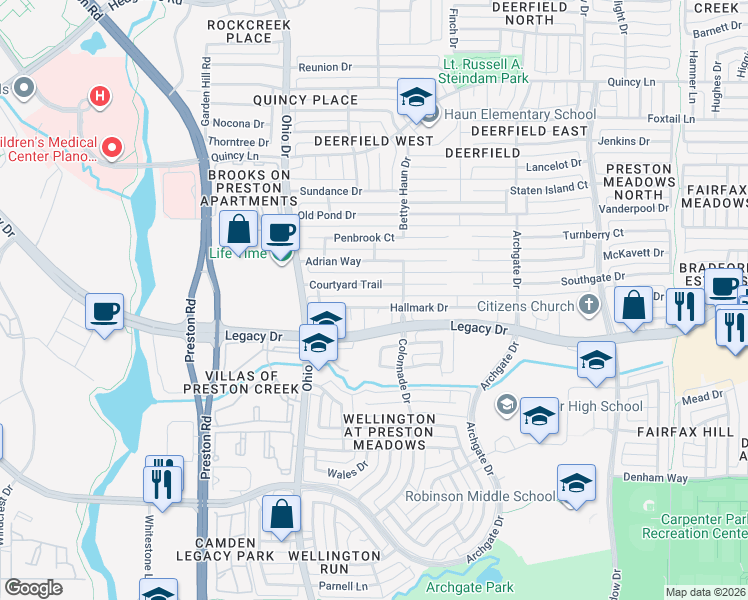 map of restaurants, bars, coffee shops, grocery stores, and more near 4637 Hallmark Drive in Plano